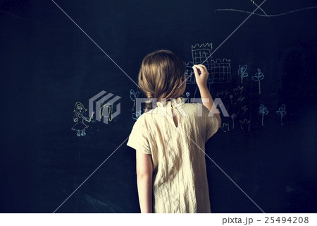Girl Drawing Blackboard Chalk Concept 25494208
