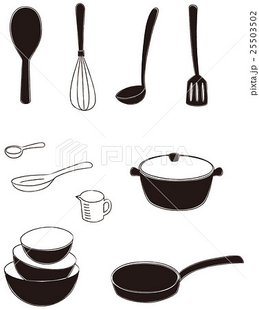 キッチン用品 セット 白黒のイラスト素材