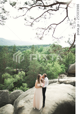 Wedding couple in love kissing and hugging near 25503986