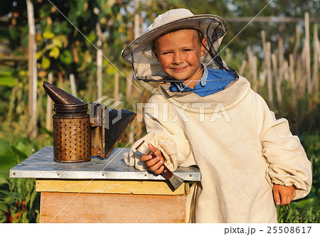 Portrait of a cheerful little boy beekeeper Portrait of a cheerful little boy beekeeper 25508617