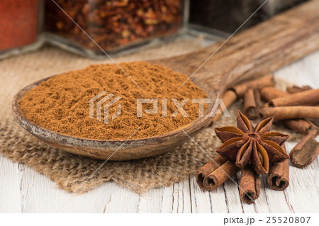 Cinnamon in a wooden spoon on old wooden table. Cinnamon in a wooden spoon on old wooden table. 25520807