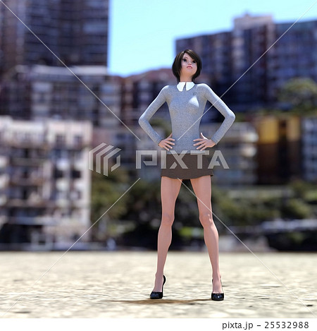 町の広場に立つ脚の綺麗な女性 Perming3dcgイラスト素材のイラスト素材