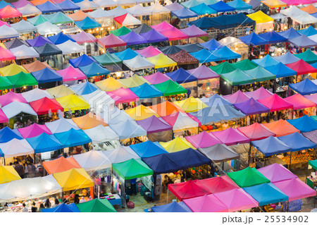 Top view, multiple colour night market roof  25534902