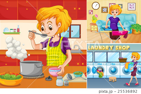 Housewife doing different chores in the house 25536892