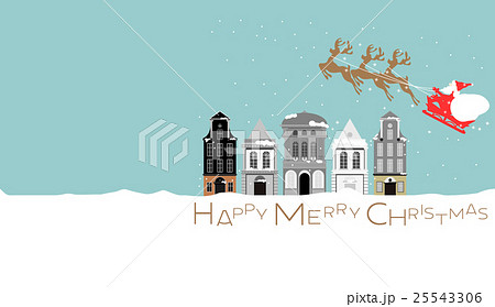 クリスマス、Christmas、サンタ、横長、建物、雪、トナカイ、の