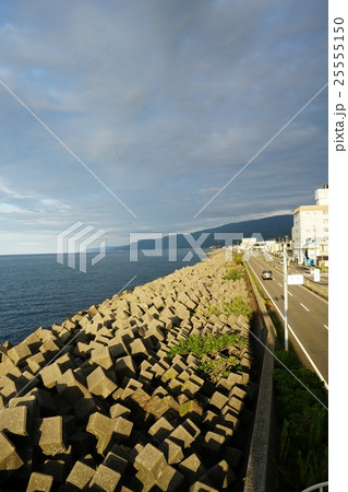 消波ブロックで守られる日本海岸。新潟県糸魚川市 25555150