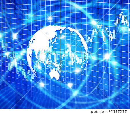 インターネット空間の世界地図と株式投資のイラスト素材