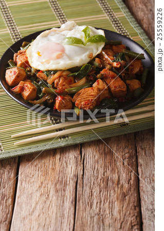 Spicy Stir-Fry Chicken with basil, green beans 25559226