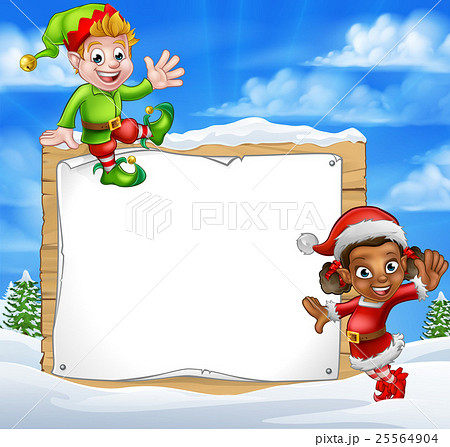 Christmas Elf Cartoon Characters Snow Sign 25564904