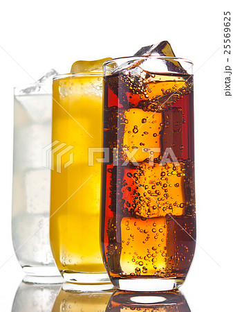 Glasses with cola orange soda and lemonade ice Glasses with cola orange soda and lemonade ice 25569625