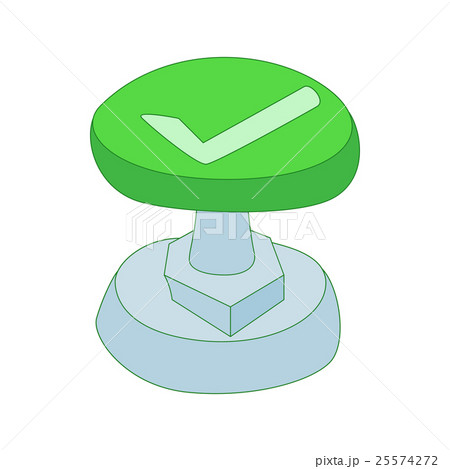 Green button with check mark icon, cartoon style 25574272