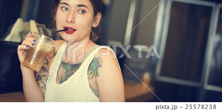 Woman Sitting Alone Drink Cafe Concept 25578238