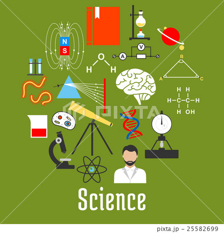 Science research icons round badge, flat style 25582699