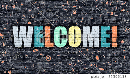 Multicolor Welcome on Dark Brickwall. Doodle Style Multicolor Welcome on Dark Brickwall. Doodle Style 25596153