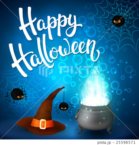 Halloween greeting card with witch cauldron, hat. 25596571