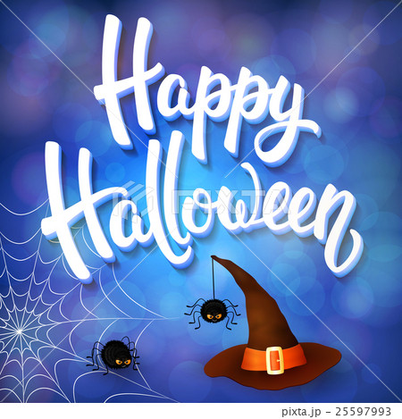 Halloween greeting card with witch hat, spiders. 25597993