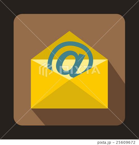 Yellow envelope with email sign icon, flat style 25609672