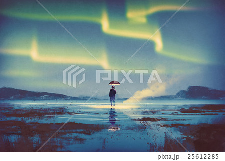 Northern lights Aurora borealis over man  25612285