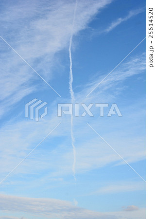 頭上へ延びる細長い線状の飛行機雲 青空の写真素材