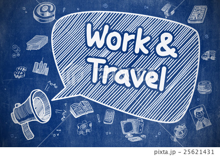 Work And Travel - Cartoon Illustration on Blue Work And Travel - Cartoon Illustration on Blue 25621431