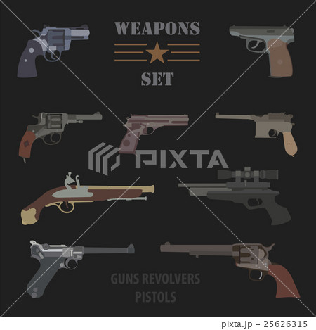 Firearm set. Guns, pistols, revolvers. Flat design 25626315