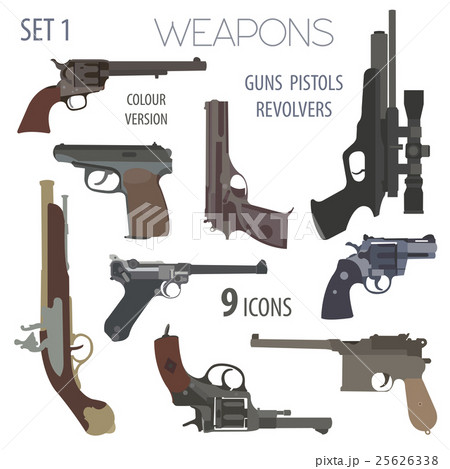 Firearm set. Guns, pistols, revolvers. Flat design 25626338