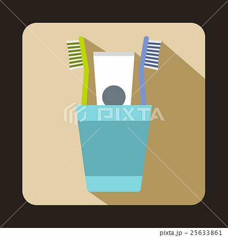 Blue plastic cup with brushes icon, flat style Blue plastic cup with brushes icon, flat style 25633861