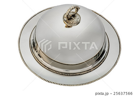 Retro metal dish with cover. Top view. 25637566