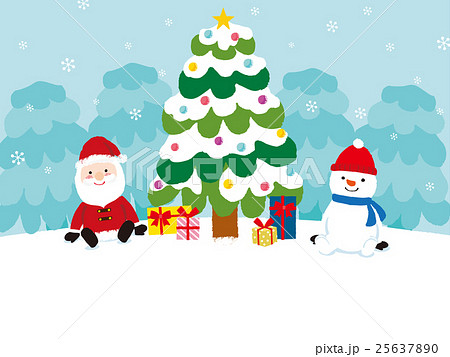 クリスマスツリーとサンタとスノーマンのイラスト素材