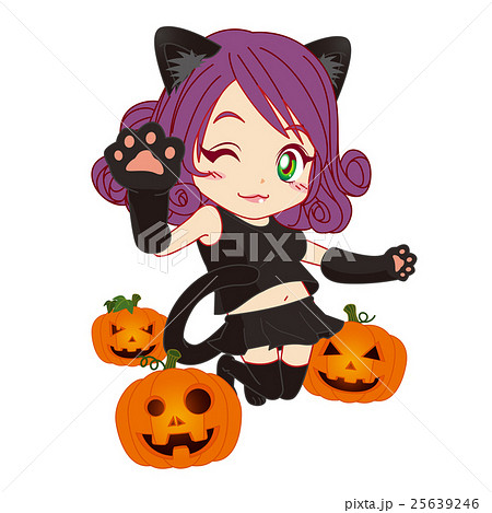 ハロウィン 黒猫女の子キャラ ジャックオランタンのイラスト素材 25639246 Pixta