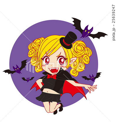 ハロウィン ドラキュラ女の子キャラ 蝙蝠 背景カラーありのイラスト素材 25639247 Pixta