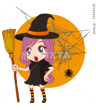 ハロウィン 魔女キャラ 蜘蛛の巣 背景カラーありのイラスト素材