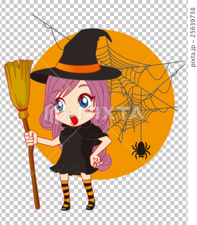 ハロウィン 魔女キャラ 蜘蛛の巣 背景カラーありのイラスト素材