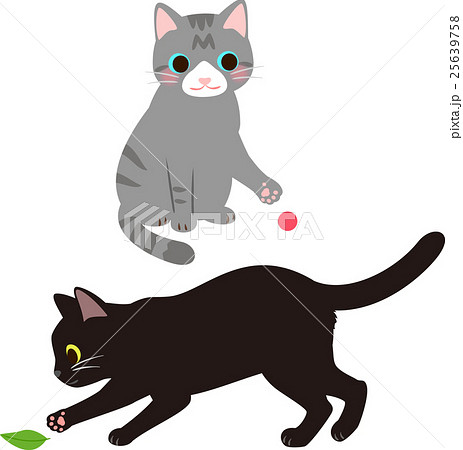 ボールや木の葉にじゃれて遊ぶ猫のイラスト素材