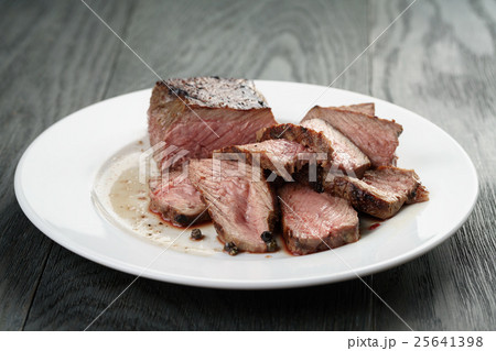 sliced beef steak on white plate on wood table 25641398