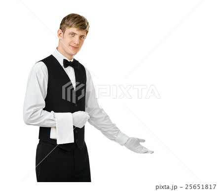 Young handsome waiter gesturing welcome 25651817