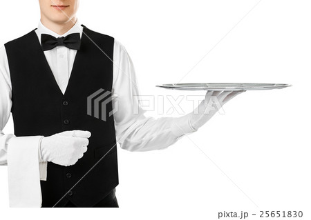 Elegant waiter holding empty silver tray 25651830