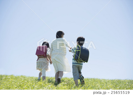草原で手をつなぐ小学生と先生の後姿 草原で手をつなぐ小学生と先生の後姿 25655519
