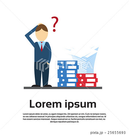 Business Man With Question Mark Pondering Pile Business Man With Question Mark Pondering Pile 25655693