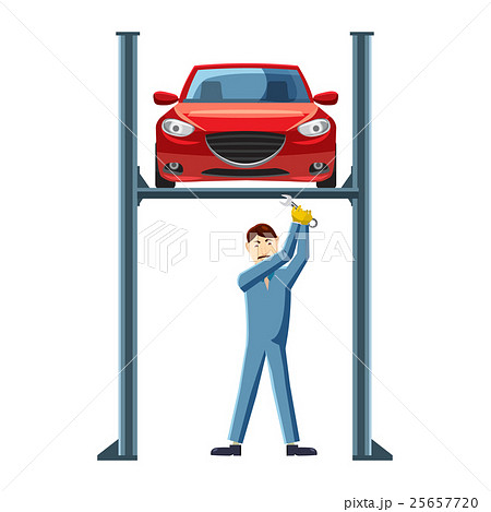 Mechanic repairing a car on a lift icon 25657720