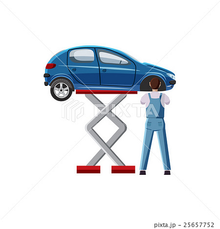 Blue car on a scissor lift platform icon 25657752