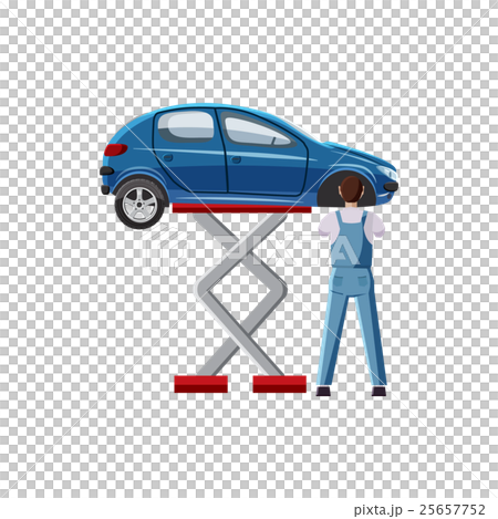 Blue car on a scissor lift platform icon 25657752