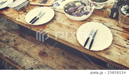 Delicious Sea Food Wooden Table Bench Shore Concept 25659154