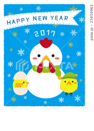 年賀状テンプレート 17 雪だるま鶏とひよ子 青のイラスト素材
