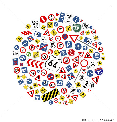 Road signs arranged in circle shape isolated on 25666607