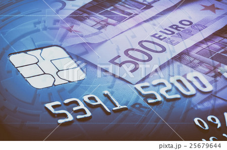 Credit or debit payment card with euro banknotes. Credit or debit payment card with euro banknotes. 25679644