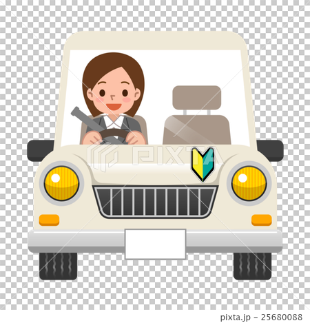 初心者マークの車に乗る女性のイラスト素材