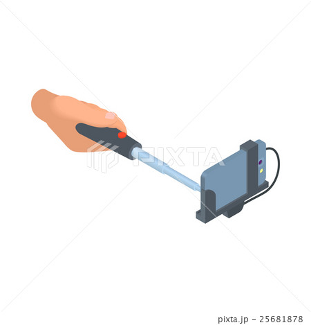 Male hand holding selfie stick with cellular phone Male hand holding selfie stick with cellular phone 25681878