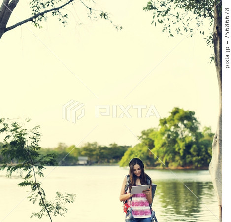 Explore Adventure Backpacker Hiking Trek Travel Concept Explore Adventure Backpacker Hiking Trek Travel Concept 25686678