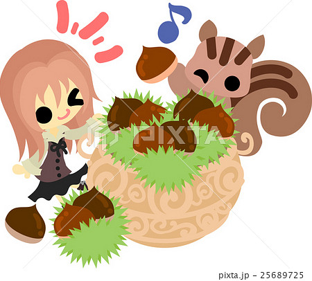 秋と女の子の可愛いイラスト 栗の収穫 のイラスト素材
